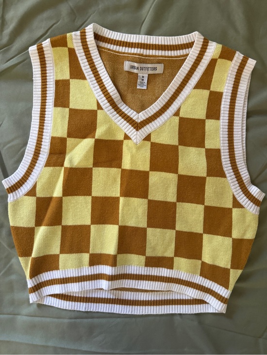 Urban Outfitters Sweaters - Urban Outfitters Yellow & Brown Checkerboard V-Neck Knit Vest